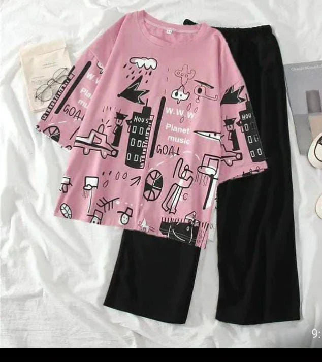 PINK MULTI SHIRT HALF SLEEVES AND BLACK PLAIN TROUSER NIGHT WEAR.