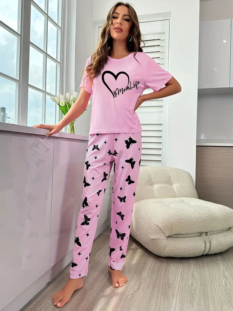 Pink MomLife Burterfly Printed Pajama Night Suit For Her