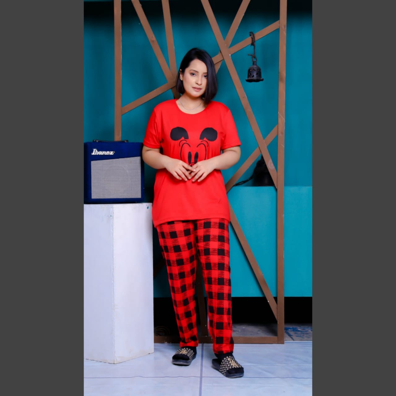 Half Sleeves Red Mickey Ladies Night Suit