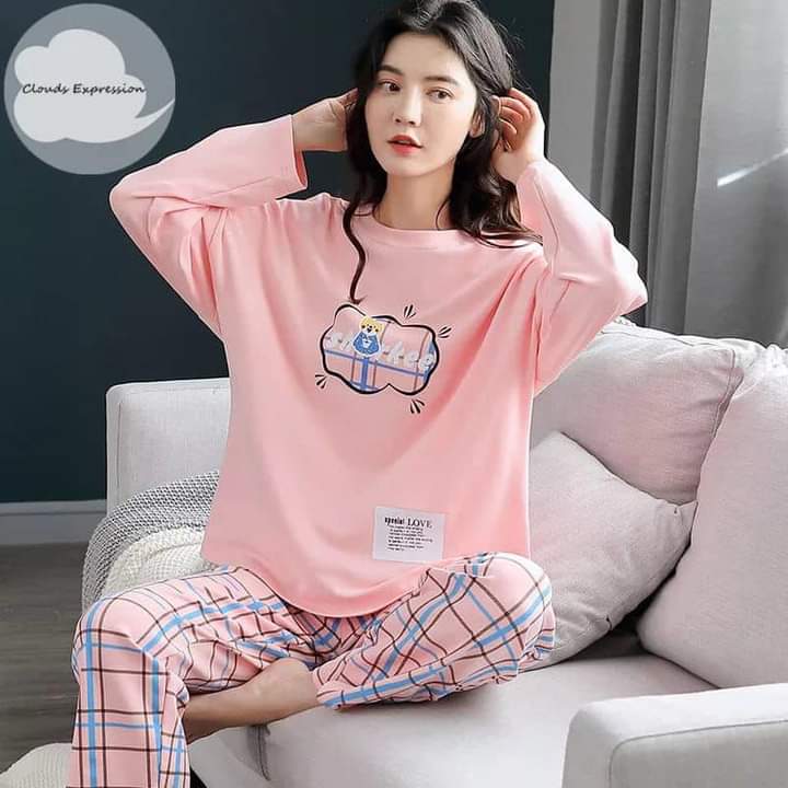 Pink Sharkee Style Full Sleeves Printed Night Suit