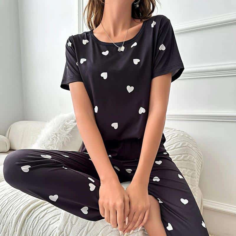 Black White Heart Printed Ladies Night Suit