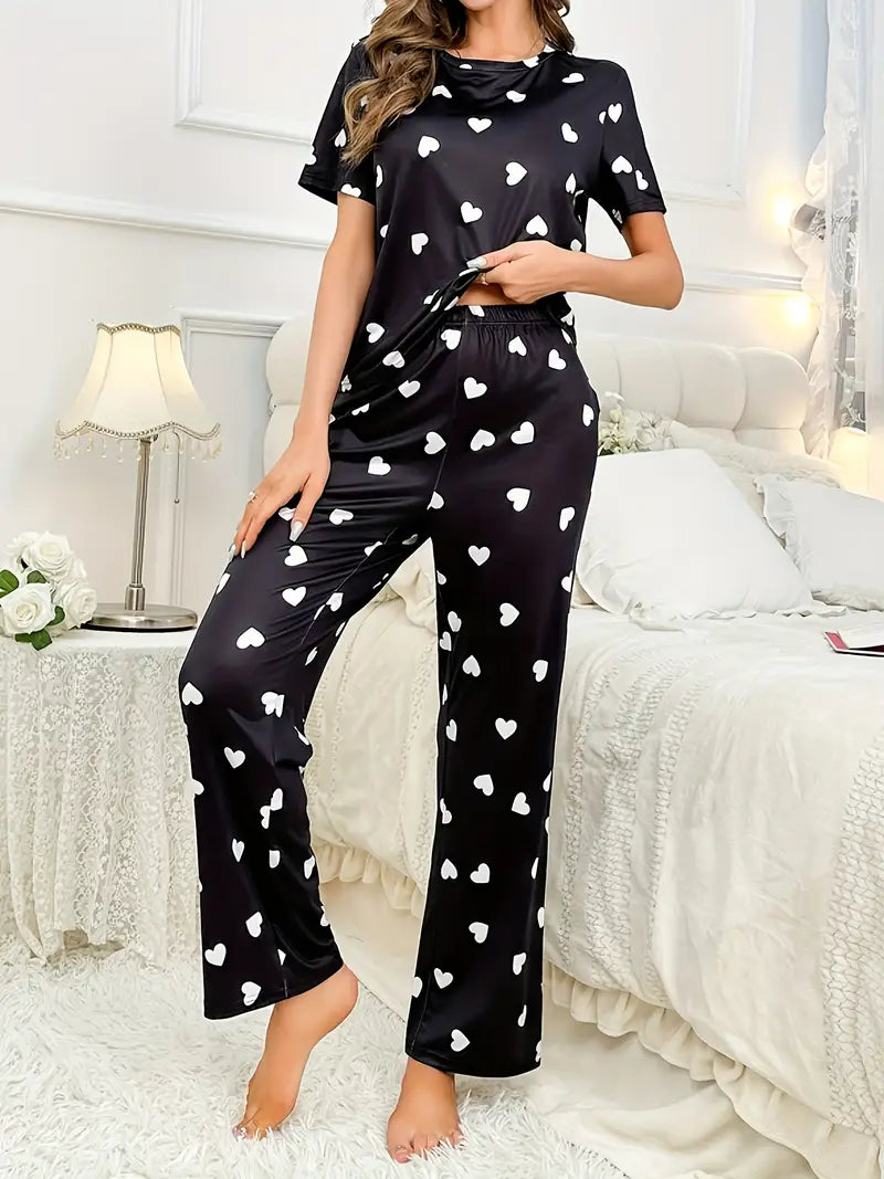 Black White Heart Printed Ladies Night Suit