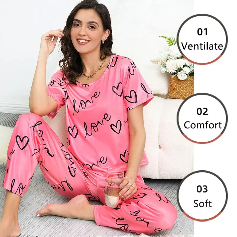 Pink Love Printed Night Suit For Her