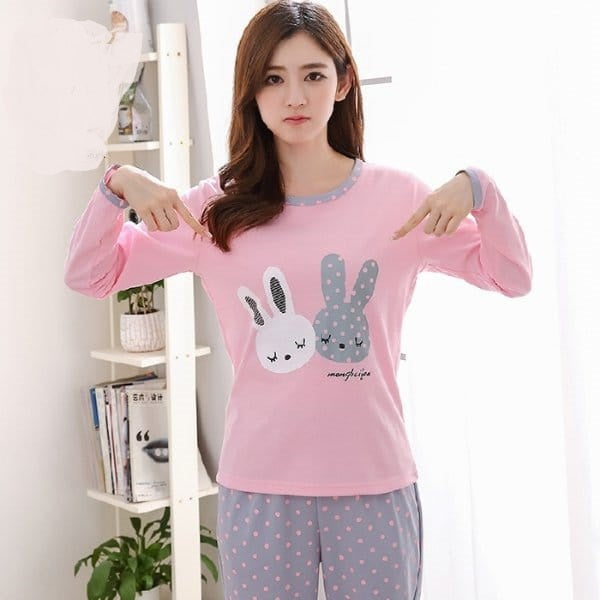 Pink bunny Full Sleeves Printed Night Suit