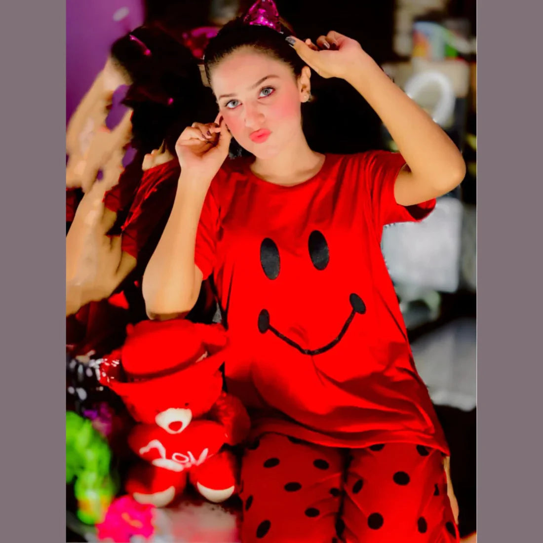 Red Smile with Dotted Style Pajama Half Sleeves Night Suit for her