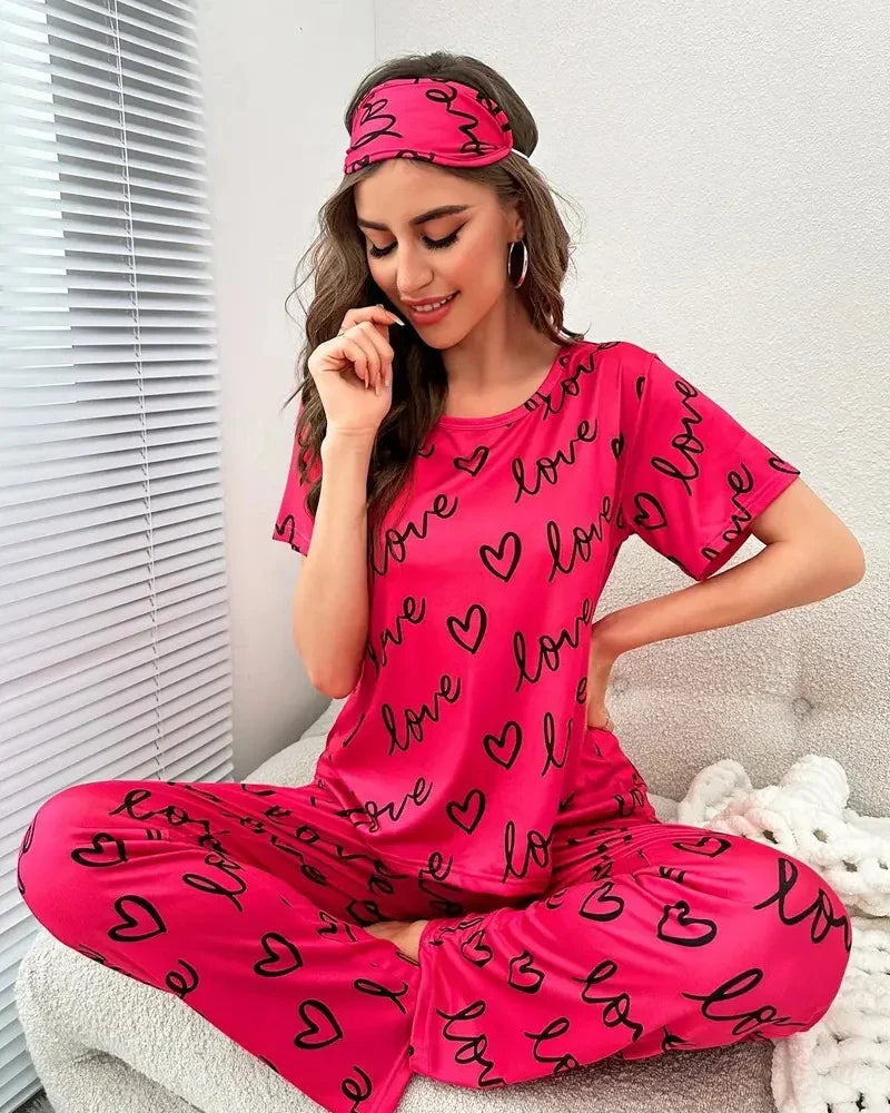 Heart Print Pajamas Set, Short Sleeve Crew Neck Top &amp; Lounge Pants, Women&#39;s Sleepwear &amp; Loungewear