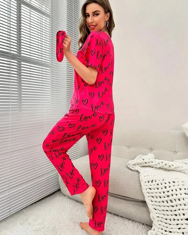 Heart Print Pajamas Set, Short Sleeve Crew Neck Top &amp; Lounge Pants, Women&#39;s Sleepwear &amp; Loungewear