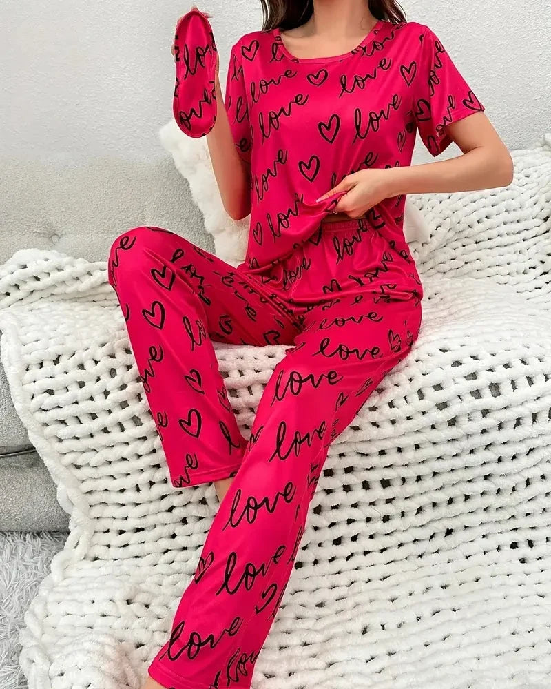 Heart Print Pajamas Set, Short Sleeve Crew Neck Top &amp; Lounge Pants, Women&#39;s Sleepwear &amp; Loungewear