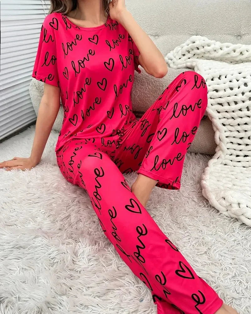 Heart Print Pajamas Set, Short Sleeve Crew Neck Top &amp; Lounge Pants, Women&#39;s Sleepwear &amp; Loungewear