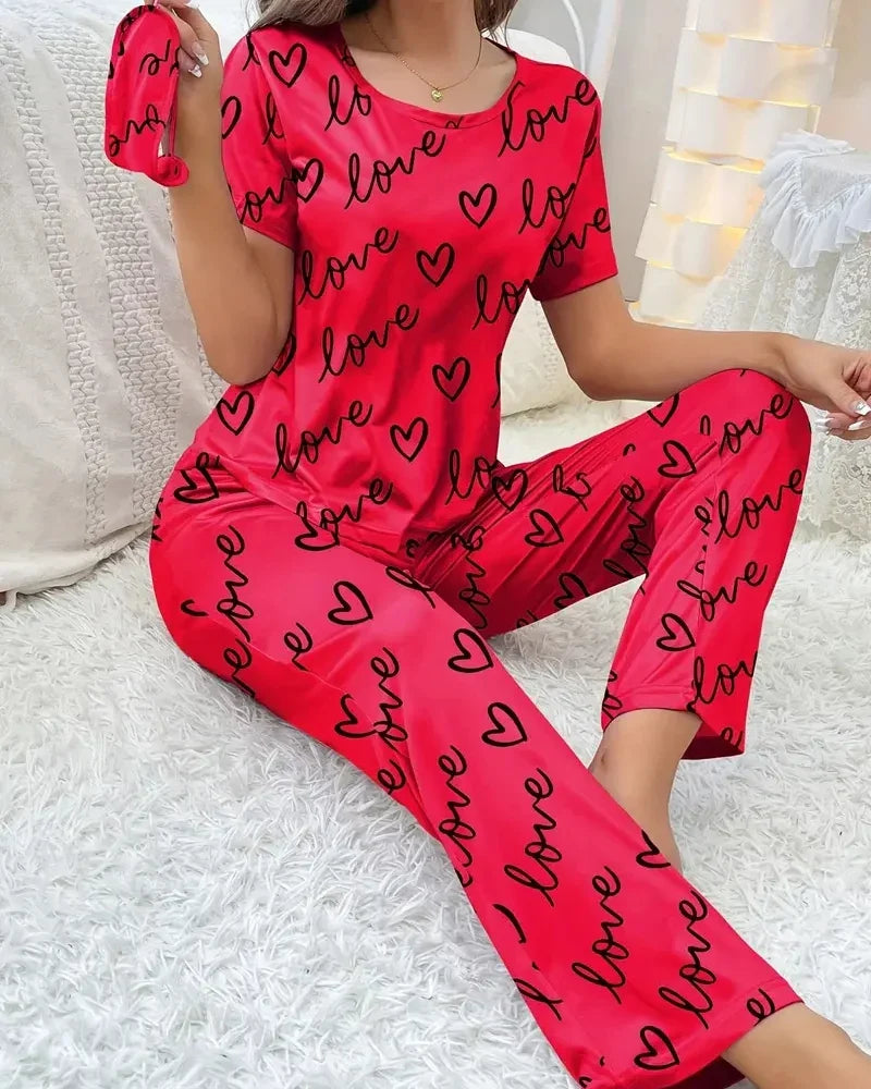 Heart Print Pajamas Set, Short Sleeve Crew Neck Top &amp; Lounge Pants, Women&#39;s Sleepwear &amp; Loungewear